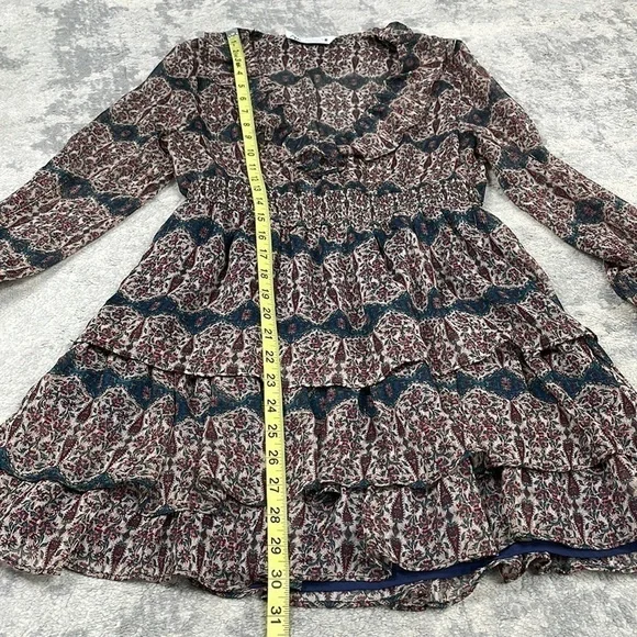 Zara V Neck Ruffle Trim Mini Dress Rust Geo Paisley Boho Cottagecore Sz S - Picture 9 of 14